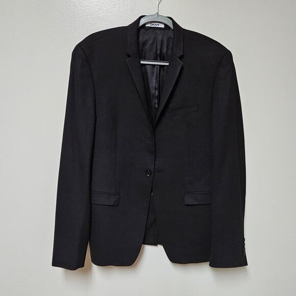 DKNY Mens One Button Notched Collar Black Wool Blazer size 40R - Picture 1 of 8